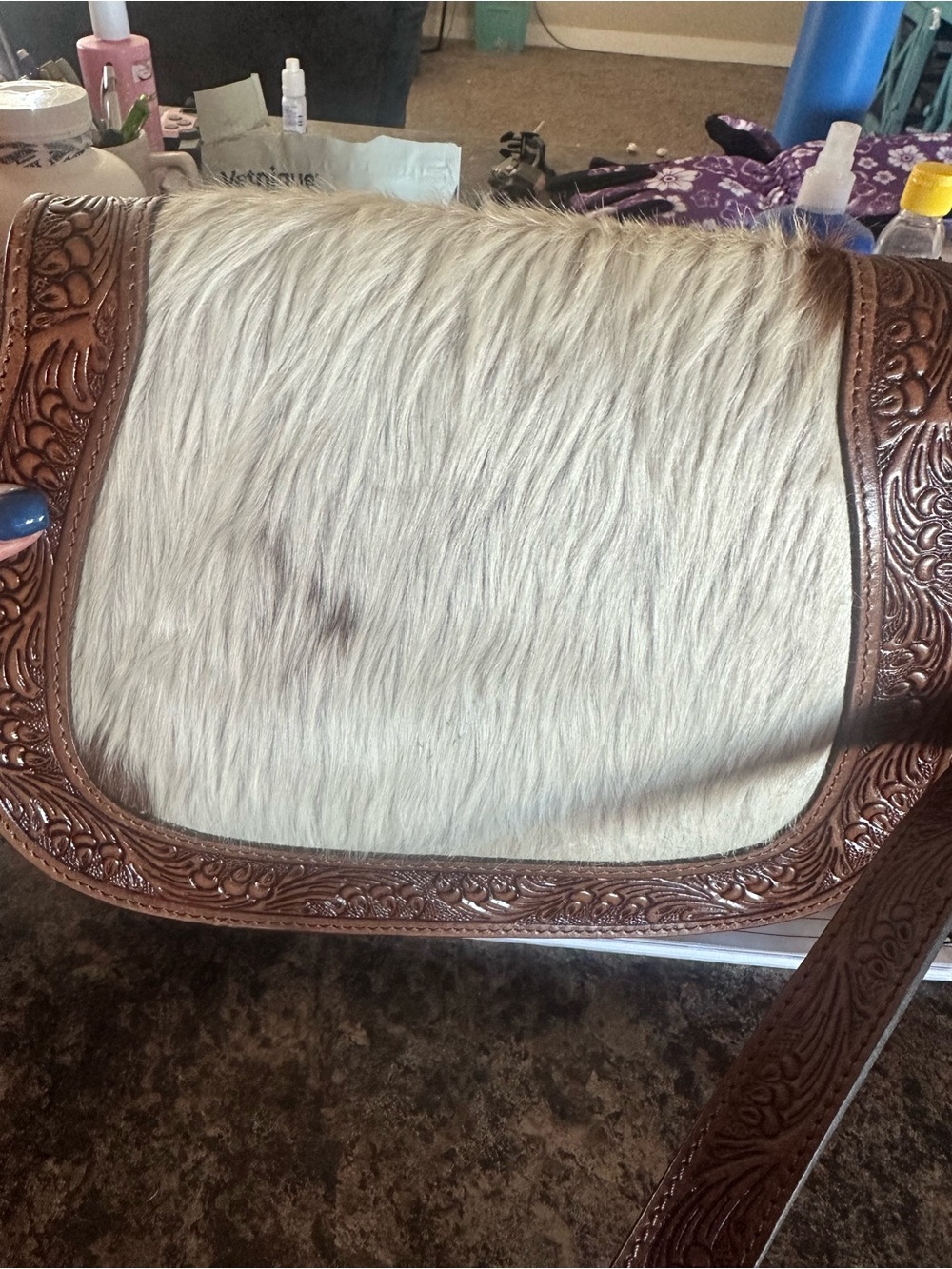 Myra Bag Brown Tooled Leather and White Hair-On Crossbody - Picture 2 of 4